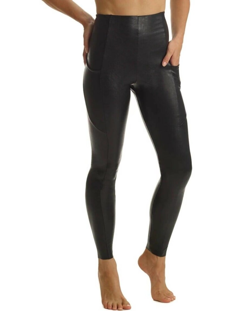 Front of a model wearing a size XL Faux Leather Pocket Legging In Black in Black by Commando. | dia_product_style_image_id:353561